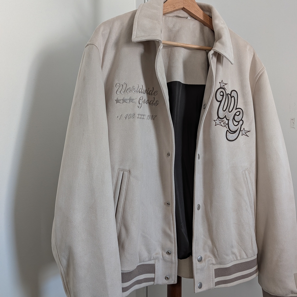 Zara Beige Varsity Jacket with Embroidered Details - Size Large